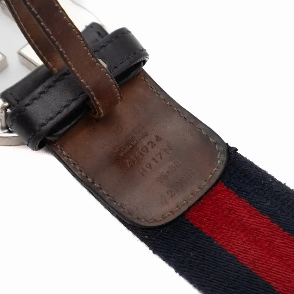 Gucci GG Interlocking Buckle Navy Red Web Striped Canvas / Leather Belt 90•36